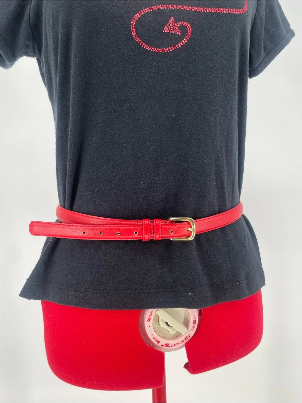 Vintage Red Genuine Leather Skinny Waist Belt W Gold Hardware